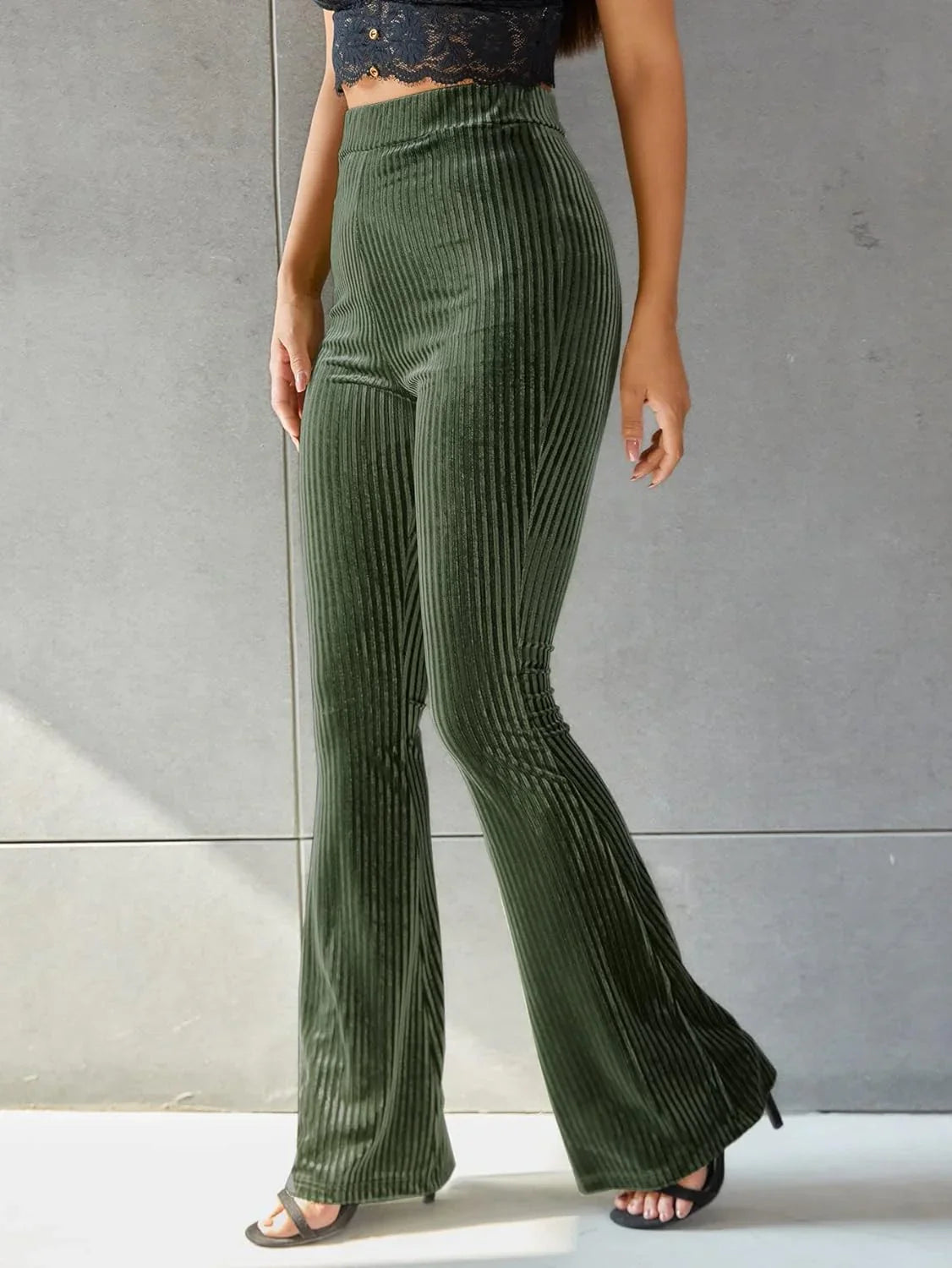 Women’s High-Waisted Flared Trousers with Ribbed Velvet Texture