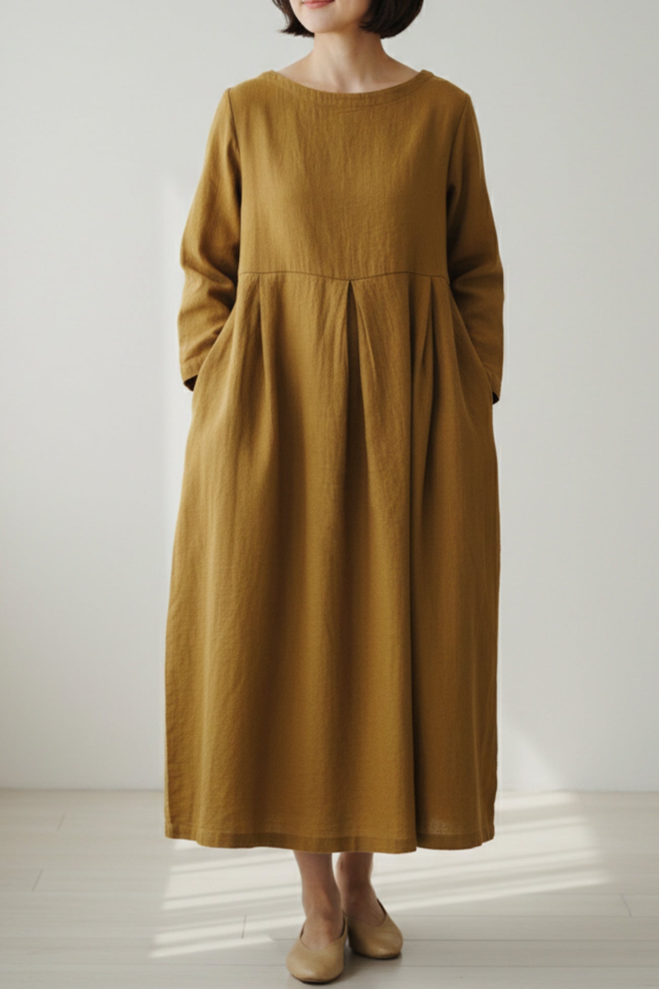 Women Linen Midi Dress with Relaxed Fit and Breathable Everyday Design