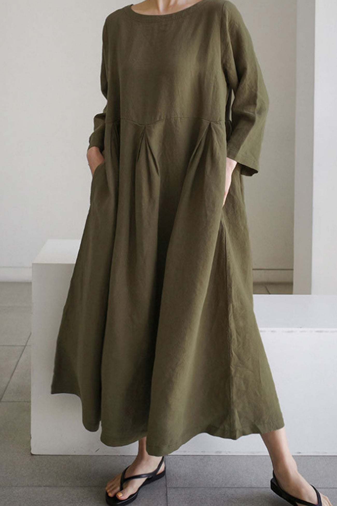 Women Linen Midi Dress with Relaxed Fit and Breathable Everyday Design
