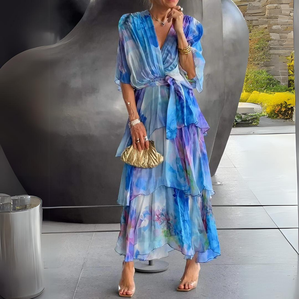 Women's Watercolour Print Layered Maxi Dress with Flowing Chiffon Silhouette