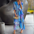 Damen Maxikleid mit Aquarell-Print, Lagen und fließender Chiffon-Silhouette