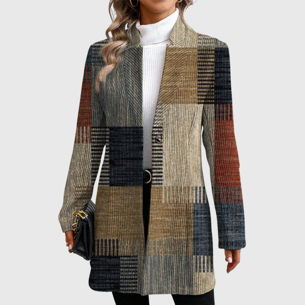 Damen-Langmantel mit Karomuster und Patchwork-Design