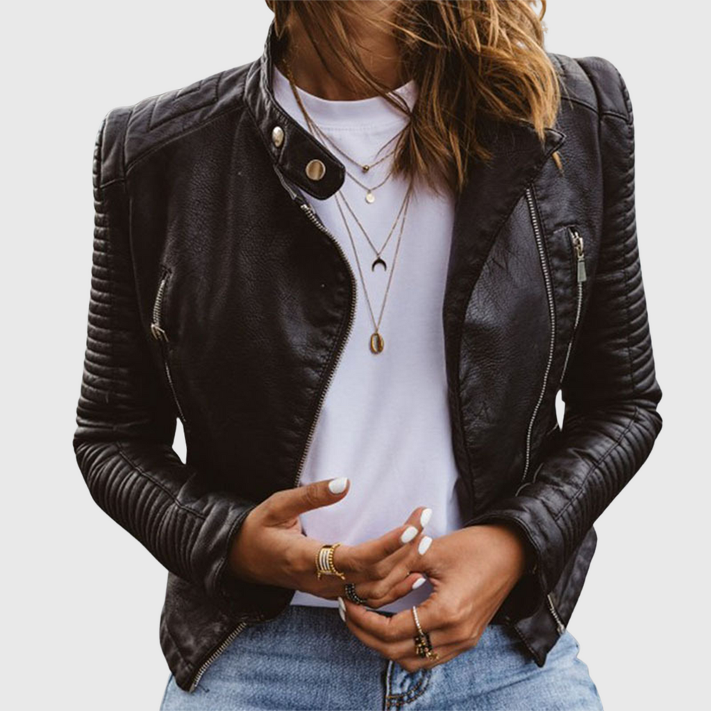 Women's Faux Leather Biker Jacket with Quilted Sleeves