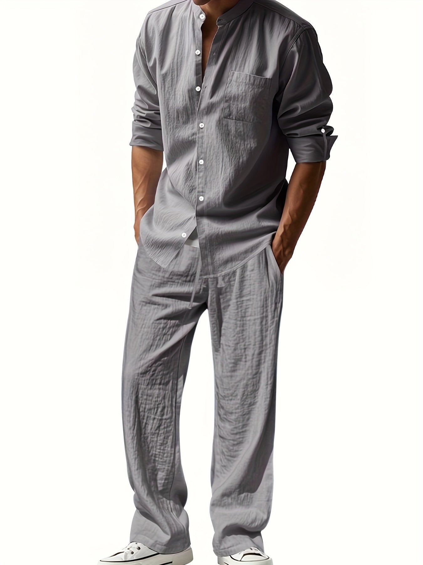 Men's Linen Two-Piece Set with Band Collar Shirt for Summer Comfort