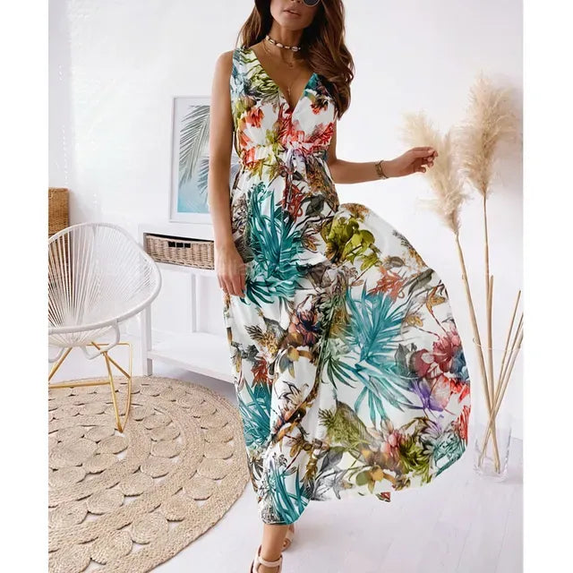Women's Tropical Print Maxi Dress with Sleeveless V-Neck for Holidays