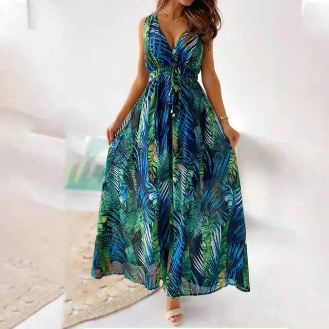Women's Tropical Print Maxi Dress with Sleeveless V-Neck for Holidays