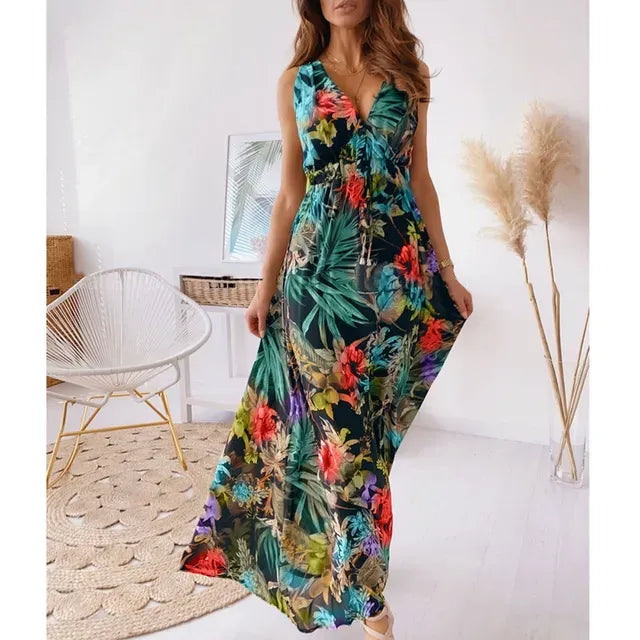 Women's Tropical Print Maxi Dress with Sleeveless V-Neck for Holidays