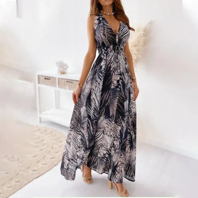 Women's Tropical Print Maxi Dress with Sleeveless V-Neck for Holidays