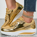 Metallic sneakers til kvinder med snørebånd, platformssål og glitrende detaljer