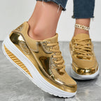 Metallic sneakers til kvinder med snørebånd, platformssål og glitrende detaljer