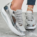 Metallic sneakers til kvinder med snørebånd, platformssål og glitrende detaljer
