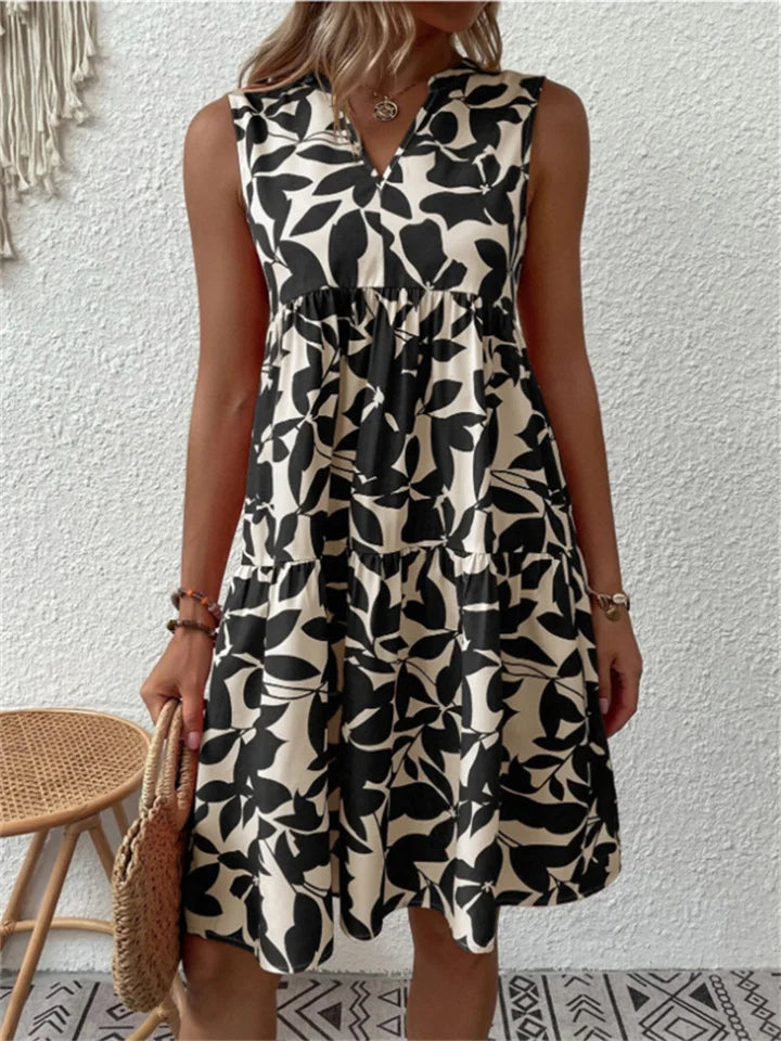 Damen Sommerkleid mit Blumenmuster, fließendem A-Linien-Schnitt und ärmellos