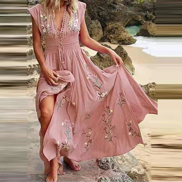 Women’s Bohemian Embroidered Maxi Dress with Flowing Relaxed Fit