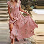 Women’s Bohemian Embroidered Maxi Dress with Flowing Relaxed Fit