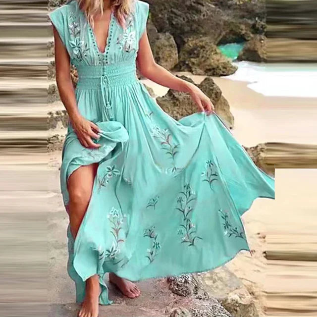 Women’s Bohemian Embroidered Maxi Dress with Flowing Relaxed Fit