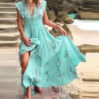 Women’s Bohemian Embroidered Maxi Dress with Flowing Relaxed Fit