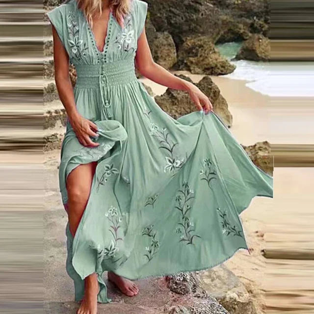 Women’s Bohemian Embroidered Maxi Dress with Flowing Relaxed Fit