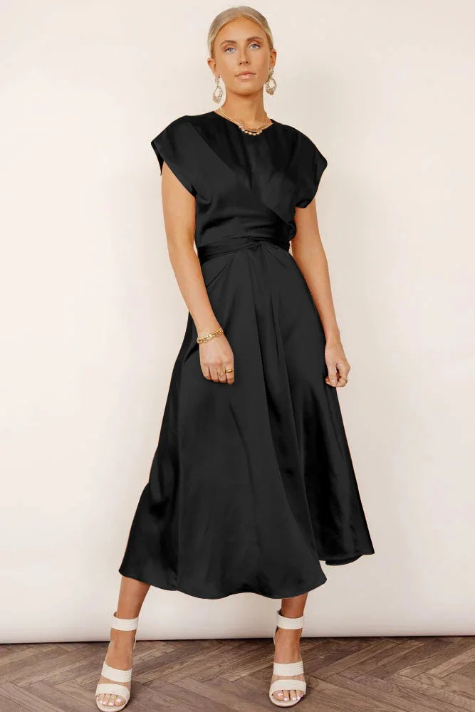 Women’s Elegant Satin Midi Dress with Flowing Silhouette and Draped Fit