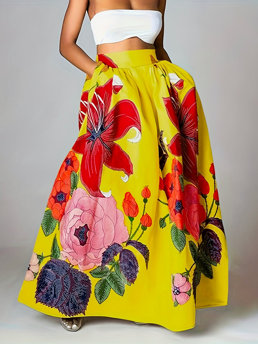 Damen Maxirock mit Blumenmuster, hoher Taille und A-Linien-Schnitt