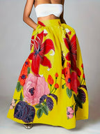 Damen Maxirock mit Blumenmuster, hoher Taille und A-Linien-Schnitt
