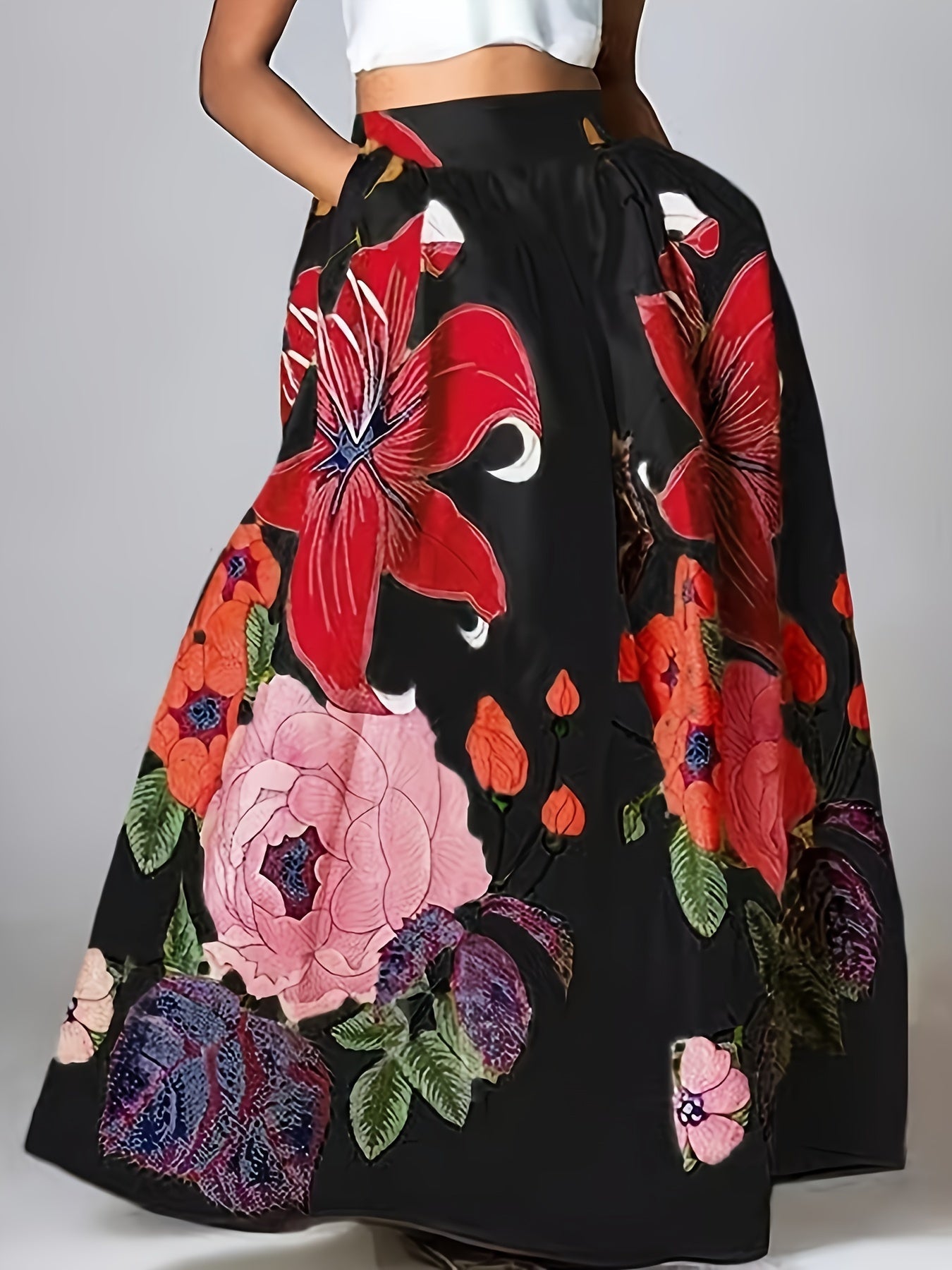 Women’s Floral Maxi Skirt with High-Waisted A-Line Flowing Design