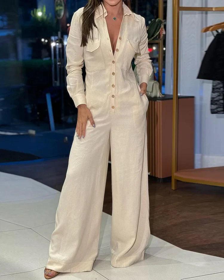 Damen Jumpsuit mit weitem Bein, langen Ärmeln und durchgehender Knopfleiste