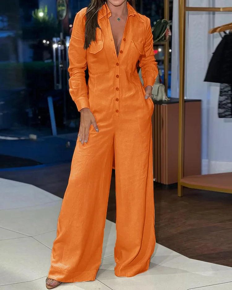 Women’s Wide-Leg Jumpsuit with Long Sleeves and Button-Up Front