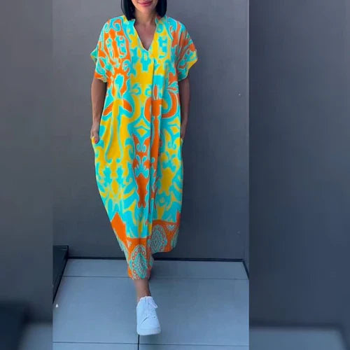 Women’s Flowing Kaftan Dress with Relaxed Fit and Abstract Floral Print