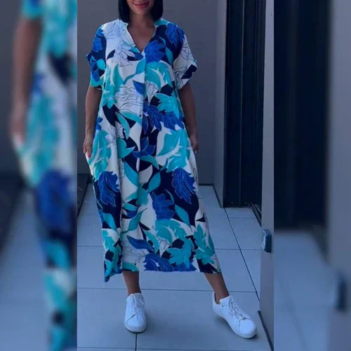 Women’s Flowing Kaftan Dress with Relaxed Fit and Abstract Floral Print