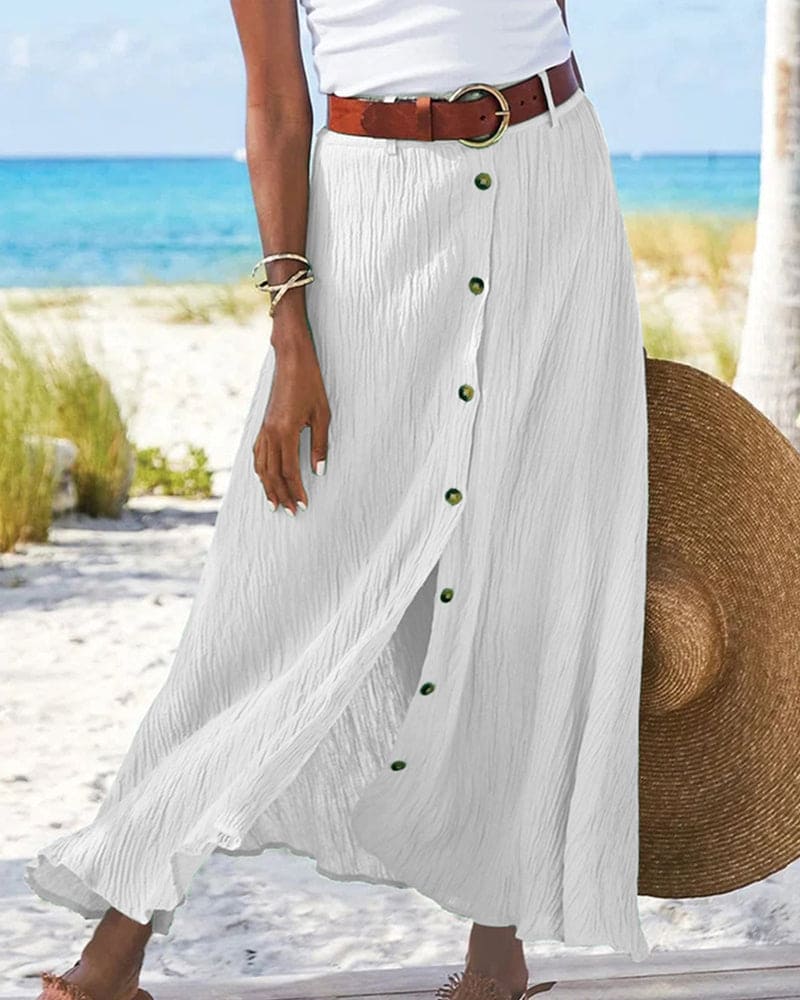 Women’s Flowing Maxi Skirt with Elegant A-Line Fit and Button Detail