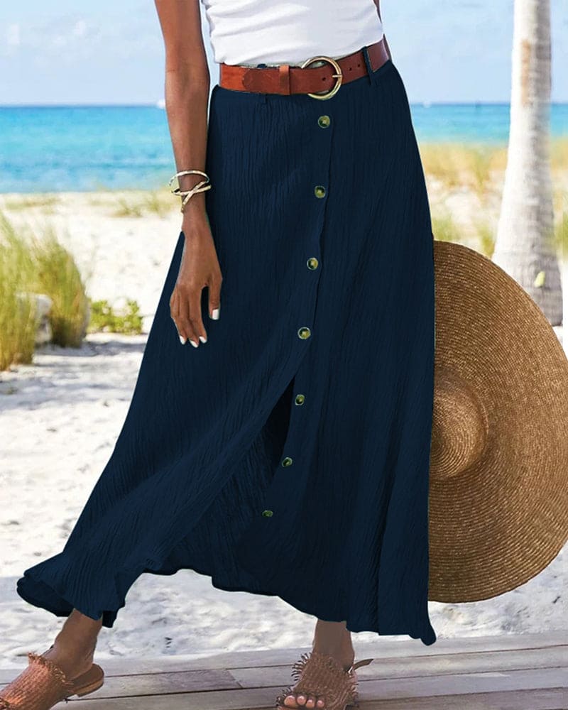 Women’s Flowing Maxi Skirt with Elegant A-Line Fit and Button Detail