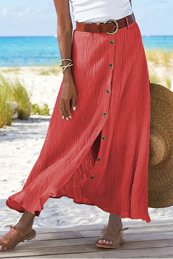 Women’s Flowing Maxi Skirt with Elegant A-Line Fit and Button Detail