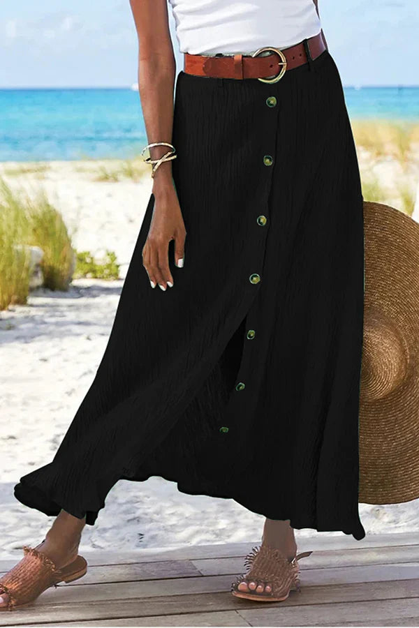 Women’s Flowing Maxi Skirt with Elegant A-Line Fit and Button Detail