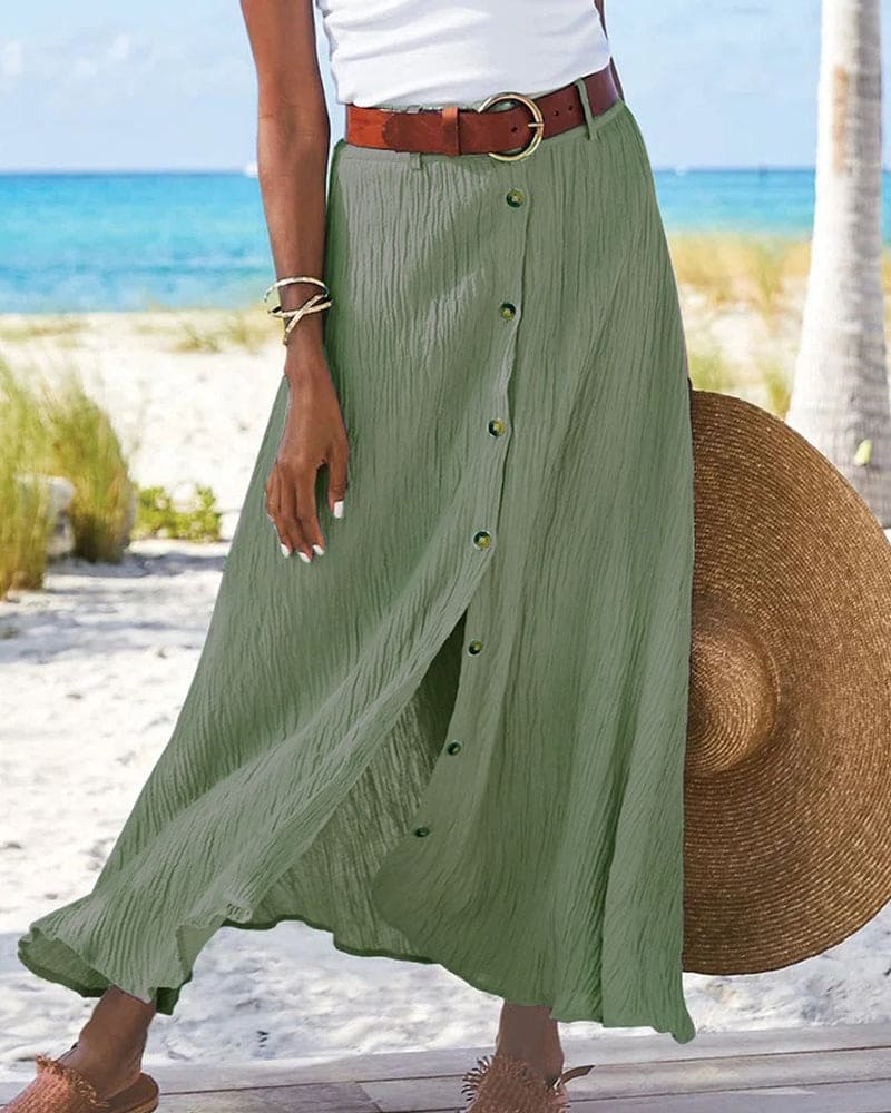 Women’s Flowing Maxi Skirt with Elegant A-Line Fit and Button Detail