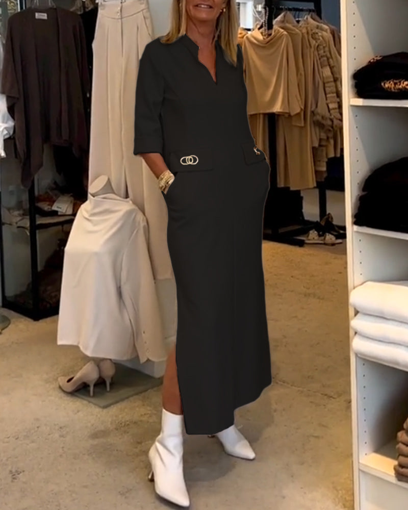 Women’s Elegant Mid-Length Dress with Practical Pockets and V-Neck