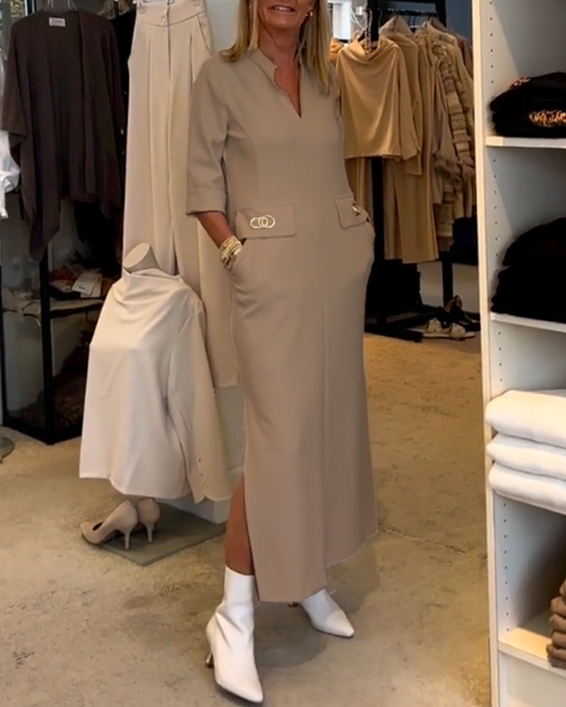 Women’s Elegant Mid-Length Dress with Practical Pockets and V-Neck