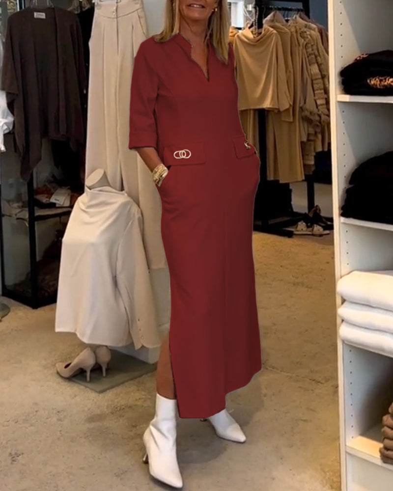 Women’s Elegant Mid-Length Dress with Practical Pockets and V-Neck