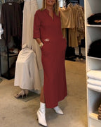 Women’s Elegant Mid-Length Dress with Practical Pockets and V-Neck