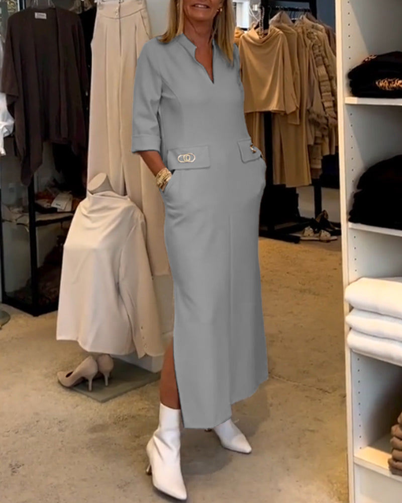 Women’s Elegant Mid-Length Dress with Practical Pockets and V-Neck