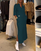 Women’s Elegant Mid-Length Dress with Practical Pockets and V-Neck