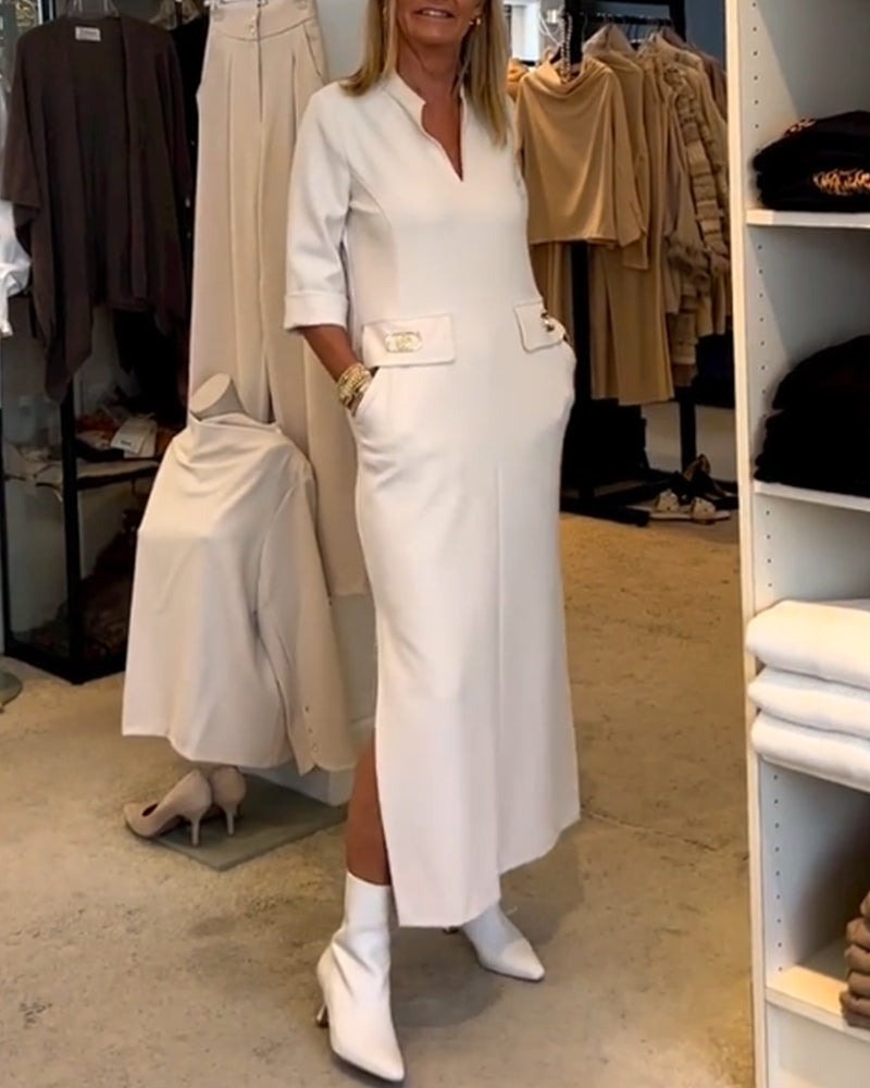 Women’s Elegant Mid-Length Dress with Practical Pockets and V-Neck