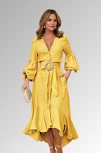 Damen Midikleid mit Puffärmeln und eleganter, fließender Silhouette