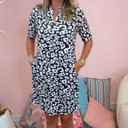 Damen Midikleid mit geometrischem Muster, lockerem Schnitt und Polokragen