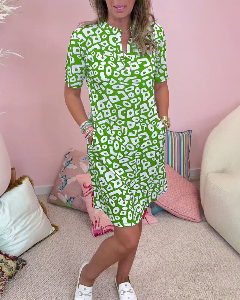 Women’s Geometric Print Midi Dress with Relaxed Fit and Polo Collar