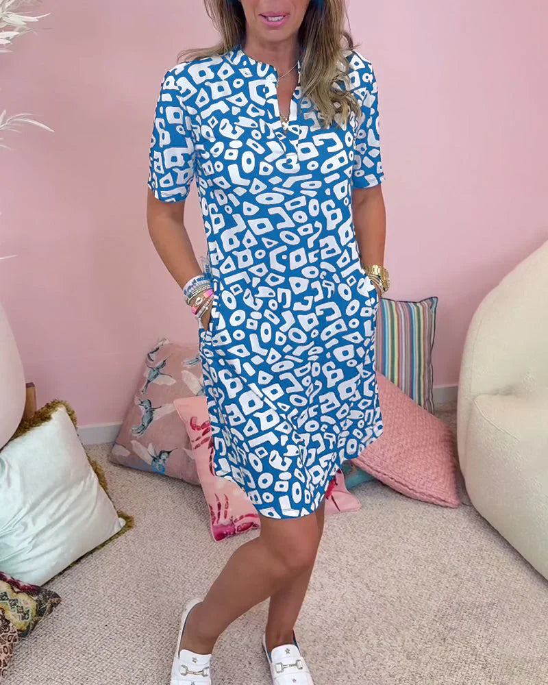 Women’s Geometric Print Midi Dress with Relaxed Fit and Polo Collar