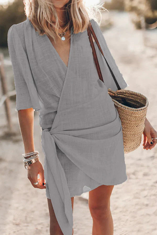 Women’s Wrap Mini Dress with Flattering Tie Waist and V-Neck Design