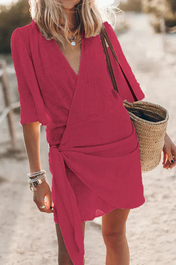 Women’s Wrap Mini Dress with Flattering Tie Waist and V-Neck Design