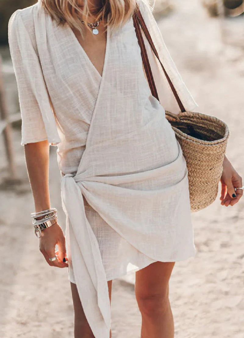 Women’s Wrap Mini Dress with Flattering Tie Waist and V-Neck Design