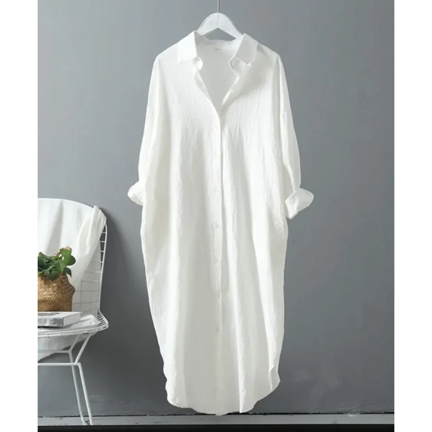 Women’s Elegant Midi Shirt Dress with Relaxed Fit and Button Closure