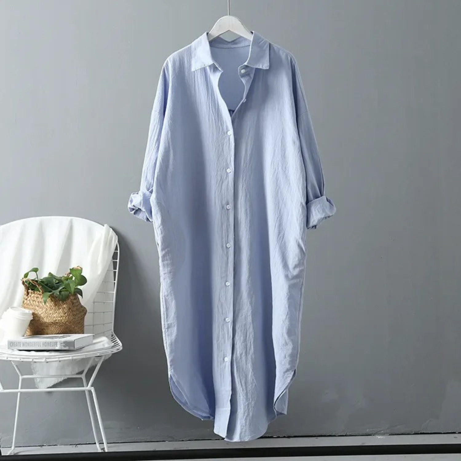 Women’s Elegant Midi Shirt Dress with Relaxed Fit and Button Closure